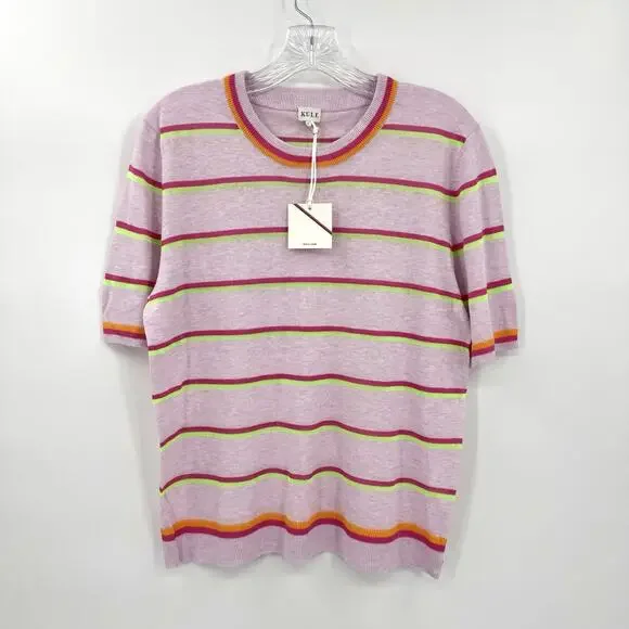 KULE Fine Knit Short Sleeve Top Lavender W/Stripes Linen Blend Size LARGE Preppy - Picture 2 of 9
